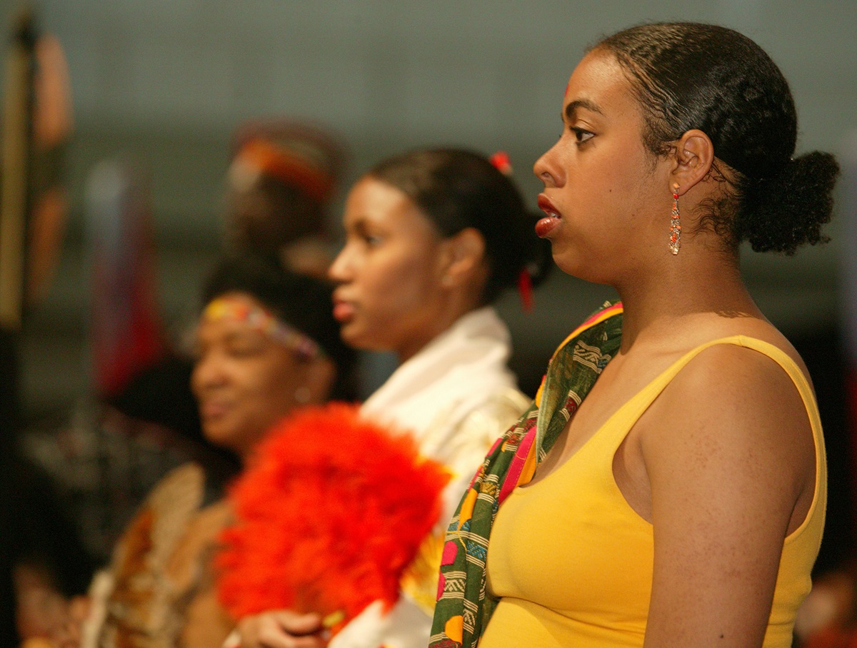 Liturgical dancers from Kapp N Kompany at Fort Street UMC, Atlanta dance during the opening worship. A UMNS photo by Mike DuBose.