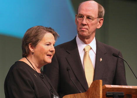 Bishops Mary Ann Swenson and John Hopkins introduce the presentation on the church's proposed four-year budget of $642 million. The spending plan later was approved by the 2008 United Methodist General Conference.