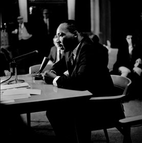 The Rev. Martin Luther King Jr. speaks at an April 4, 1967, news conference at The Riverside Church in New York.