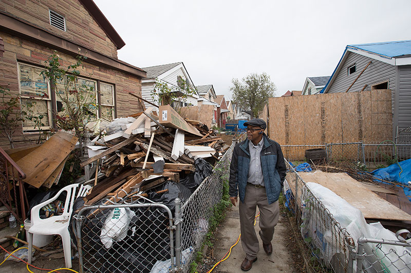The Rev. Wesley Daniels checks on the work of a United Methodist volunteer team at a home in the Sheepshead Bay area of Brooklyn in New York that was flooded by Hurricane Sandy. Daniels manages the New York Conference disaster response office hosted by St. Mark’s United Methodist Church in Brooklyn. UMNS photos by Mike DuBose.