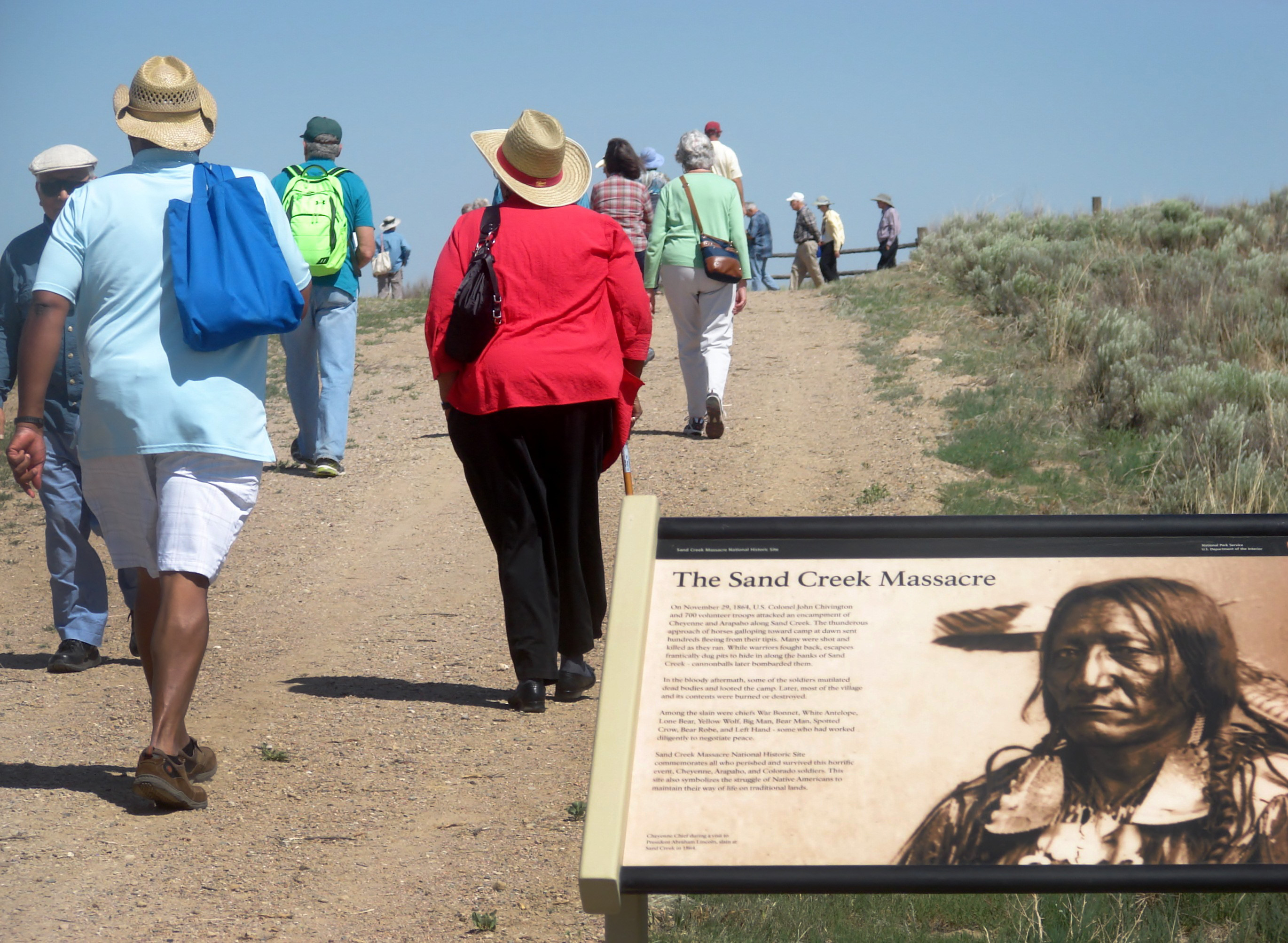 Some 650 members of the Rocky Mountain Annual (regional) Conference and their guests tour the Sand Creek Massacre National Historic Site, near Eads, Co., on Friday, June 20. A Methodist clergyman-turned-soldier ordered the 1864 attack against a Cheyenne and Arapaho village, and descendants of the survivors joined in June 20 pilgrimage. Photo by Sam Hodges, UMNS