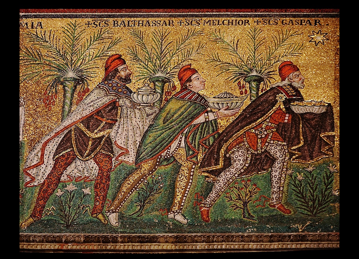 The magi follow the star in this sixth-century mosaic at the Basilica of Sant'Apollinare near Ravenna, Italy. Photo by Nina-no, courtesy Wikimedia Commons.