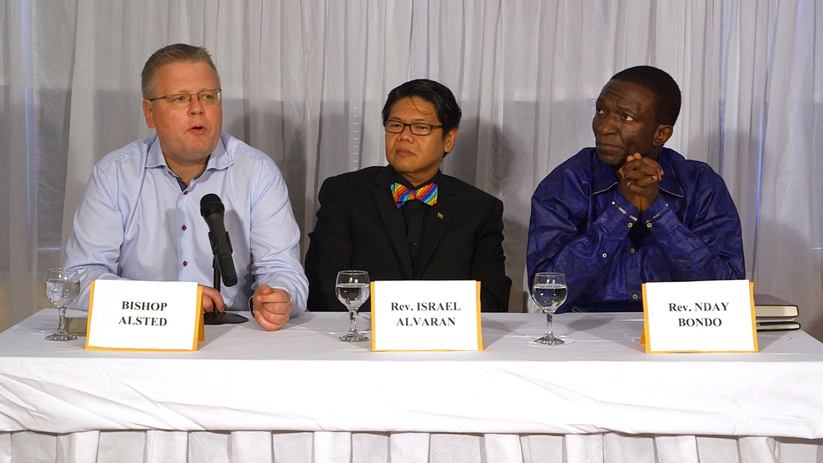 The Connectional Table held a  panel on human sexuality on Feb. 10, 2015 in Maputo, Mozambique. From left are Nordic and Baltic Bishop Christian Alsted, the Rev. Israel Alvaran of the Philippines and the Rev. Nday Bondo, a lecturer at Africa University. Photo by Andrew Jensen, United Methodist Communications.