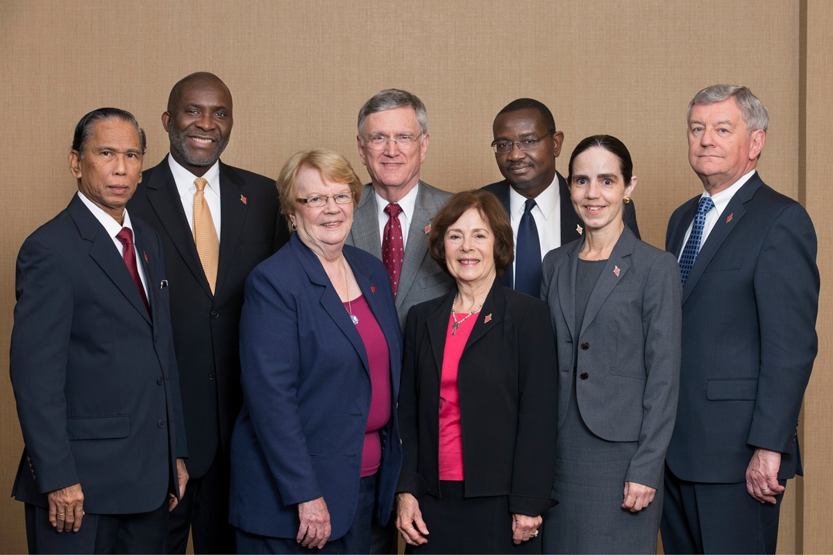 Members of the United Methodist Judicial Council pose for a group photograph during their Oct. 22, 2014 meeting in Memphis, Tenn. The men, from left, are: Ruben T. Reyes, the Rev. Dennis Blackwell, the Rev. Belton Joyner, N. Oswald Tweh Sr. and the Rev. William B. Lawrence. The women, from left, are: Sandra Lutz, the Rev. Kathi Austin Mahle and Beth Capen. Not pictured is the Rev. J. Kabamba Kiboko. Photo by Mike DuBose, UMNS