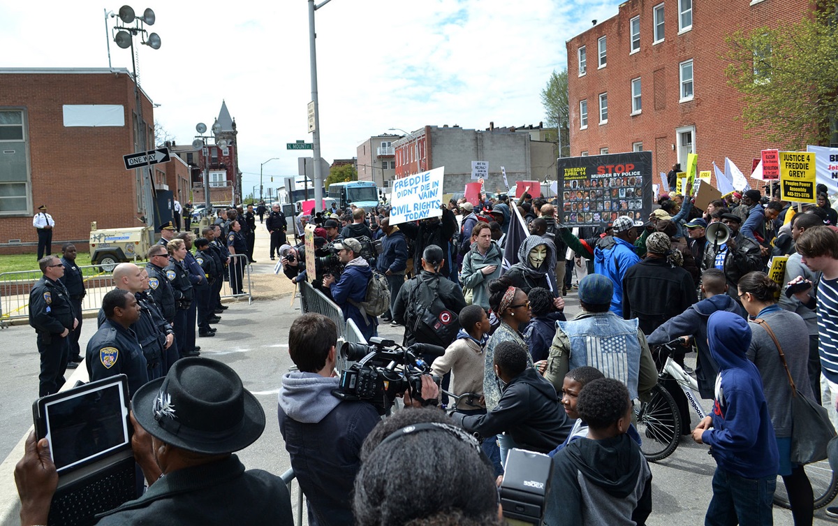 A protest following the death of Freddie Gray in police custody, held at a Baltimore Police Department precinct on April 25. 