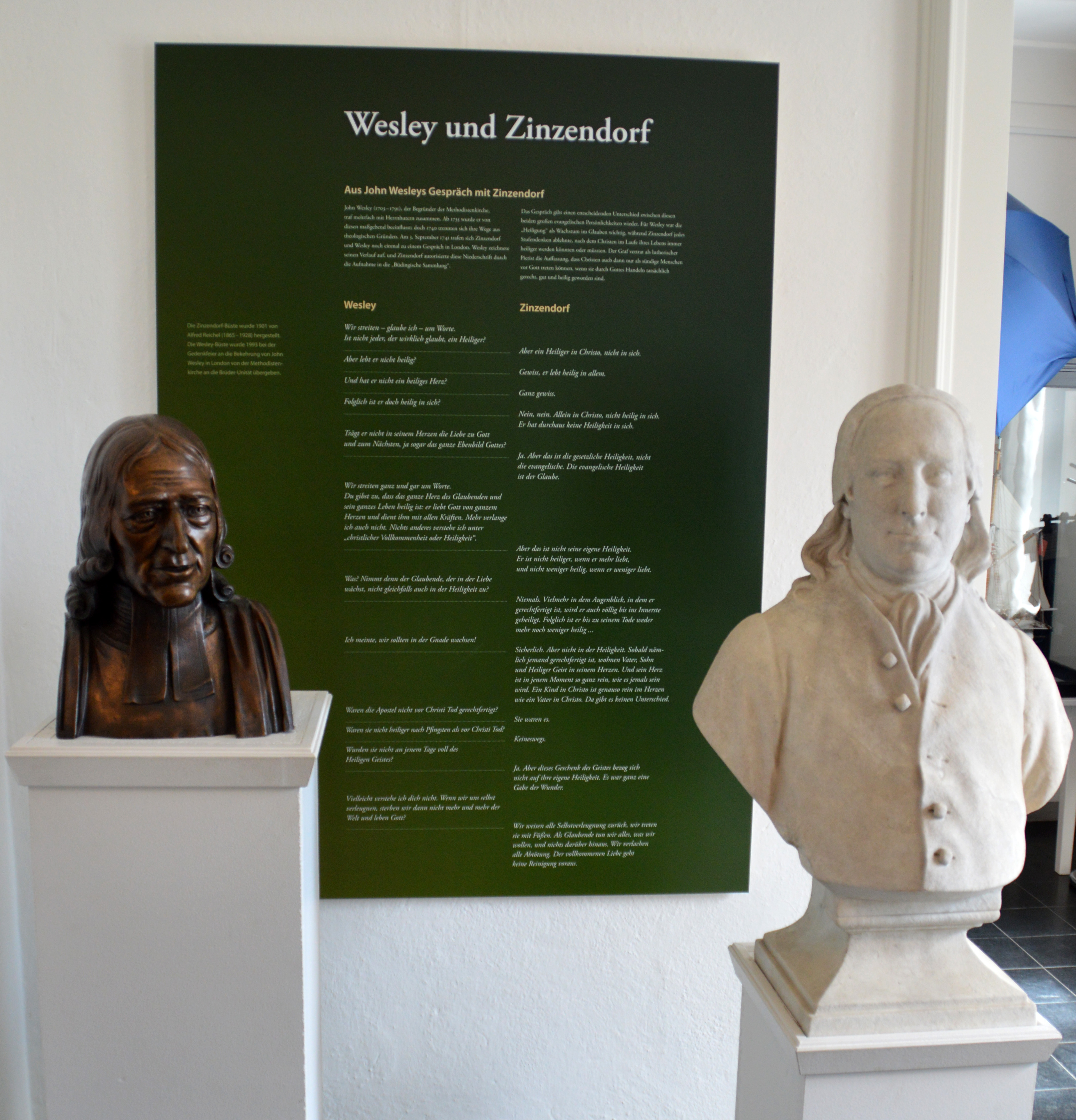 Busts of John Wesley, at left, and Count Nikolaus Ludwig von Zinzendorf stand side-by-side in a museum at the Moravian Congregation at Herrnhut, Germany. Photo by Klaus Ulrich Ruof