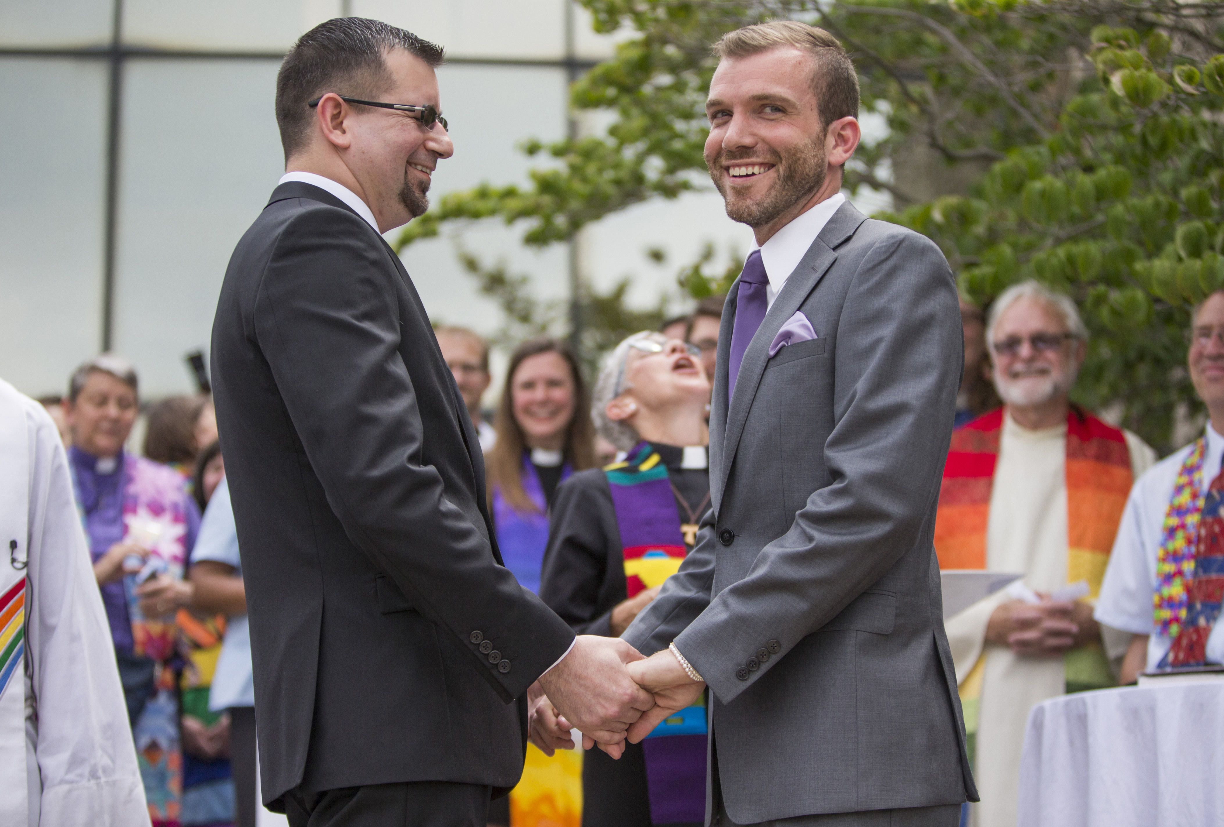 The Rev. Benjamin David Hutchison, right, marries long-time partner Monty Hutchison on Friday, July 17, 2015, outside the Cass County Courthouse. Photo by Robert Franklin, courtesy of South Bend Tribune