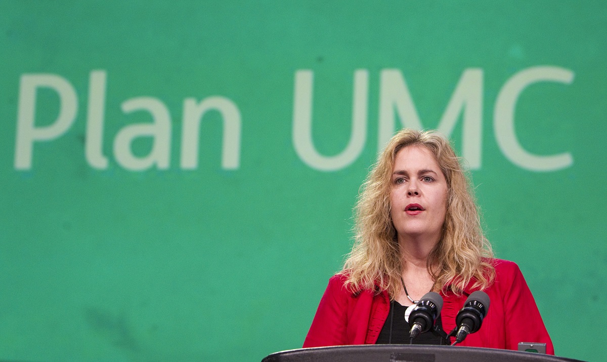 Christine Dodson, delegate from North Carolina, addresses church restructuring during the May 2 morning plenary at the 2012 United Methodist General Conference in Tampa, Fla. A 2012 file photo by Mike DuBose, UMNS