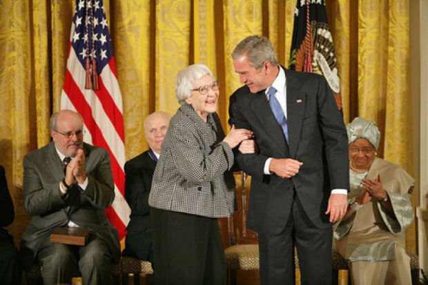 President George W. Bush awards the Presidential Medal of Freedom to author Harper Lee during a ceremony Monday, Nov. 5, 2007, in the East Room. White House photo by Eric Draper