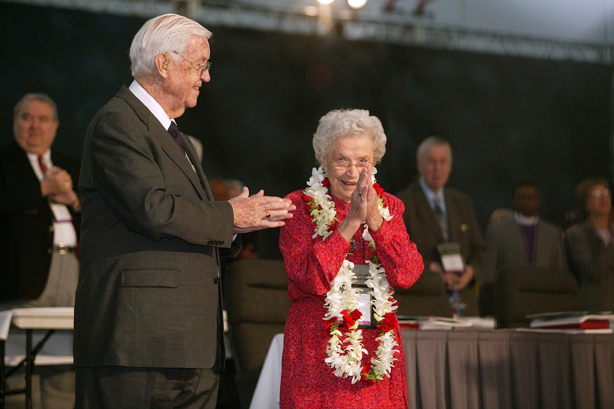Eunice Jones Mathews, “wife, mother, author and noble soul,” died Feb. 27, 2016, at 101. In this 2004 file photo, she acknowledges applause as she was honored during a session of the United Methodist Church's 2004 General Conference in Pittsburgh. Standing at her side was her late husband, Bishop James, K. Mathews. 
