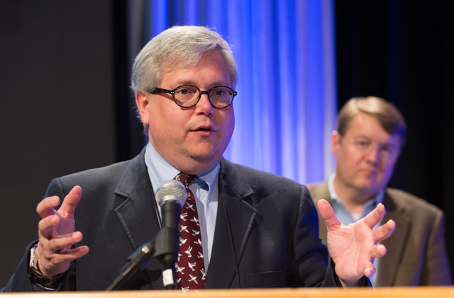 The Rev. Taylor Burton Edwards of Discipleship Ministries speaks about the proposed new United Methodist hymnal during the Pre-General Conference Briefing in Portland, Oregon on Jan 22. The Rev. Brian Milford of The United Methodist Publishing House joined him in the presentation. UMNS photo by Mike DuBose