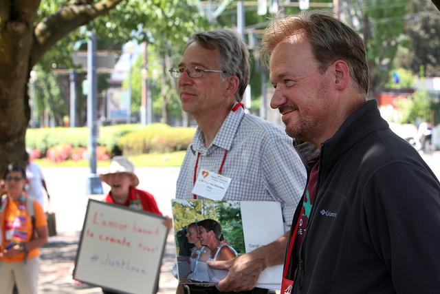 The Rev. Mike Tupper (left) and the Rev. Frank Schaefer hold a press conference to speak about their call for sleeping outside on May 13 as part of National Tent Night "to symbolize how the present policies of The United Methodist Church are pushing LGBTQ people outside." Tupper and Schaefer plan to sleep in a tent outside the Oregon Convention Center along with other supporters. Photo by Kathleen Barry, UMNS.