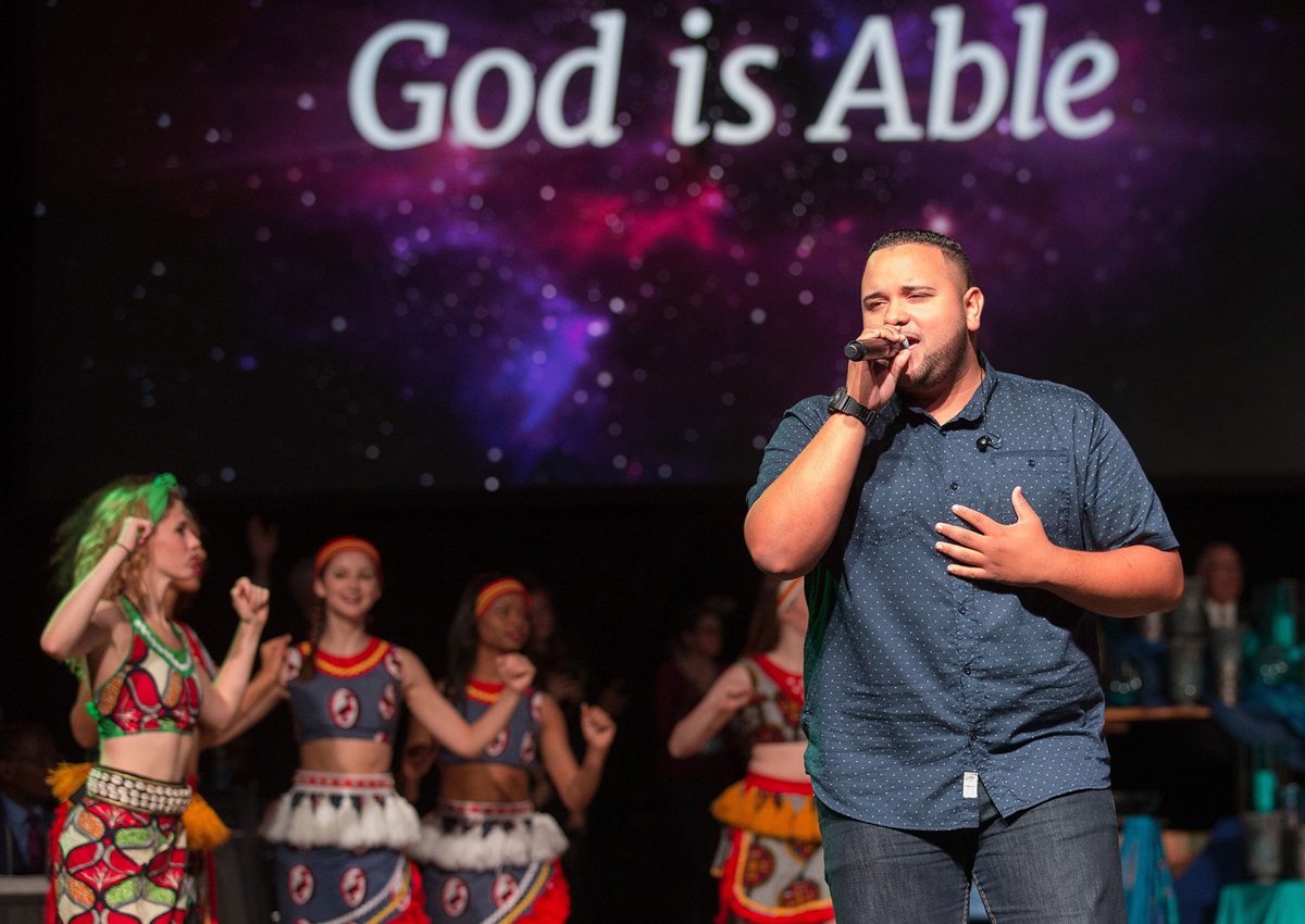 Jeremy Rosado sings Able during a celebration of The United Methodist Church's Imagine No Malaria campaign May 18 at the 2016 United Methodist General Conference in Portland, Ore. Photo by Mike DuBose, UMNS