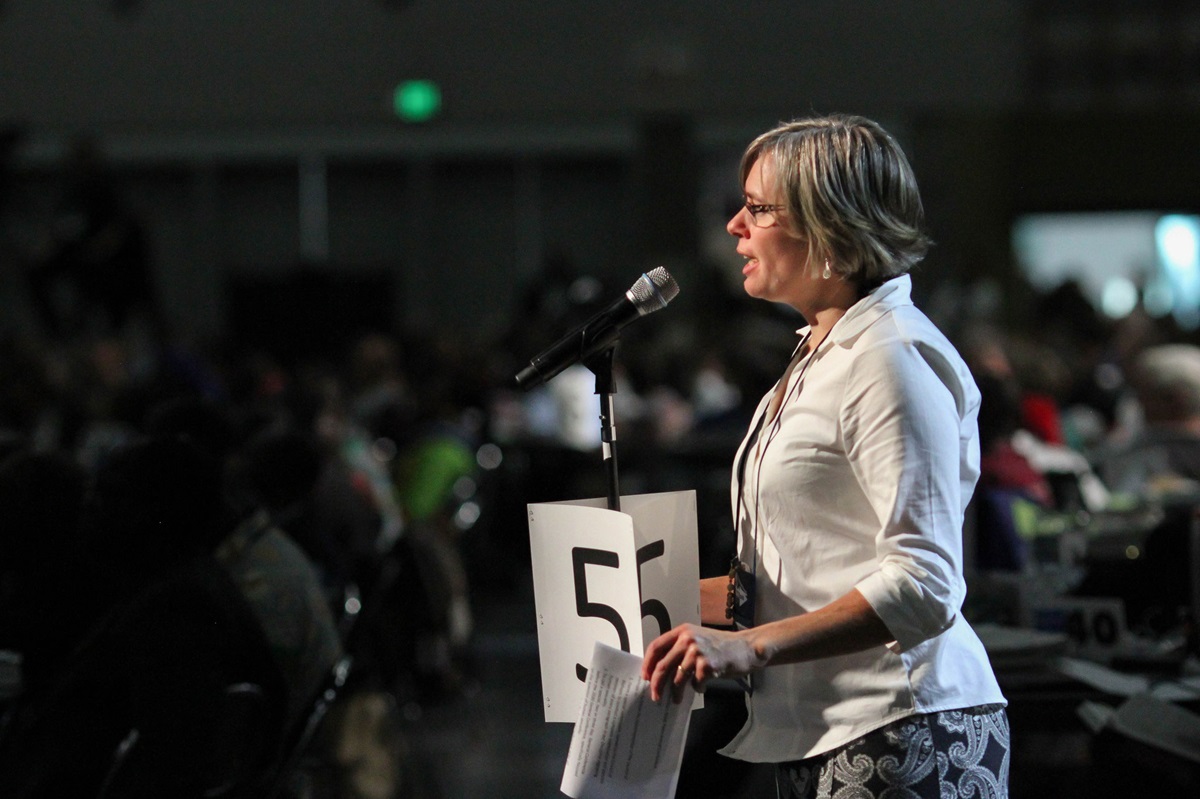 The Rev. Beth Jones, Susquehanna Conference, speaks May 18 on the motion to accept the Council of Bishops statement "A Way Forward" at the 2016 United Methodist General Conference in Portland, Ore. Photo by Maile Bradfield, UMNS