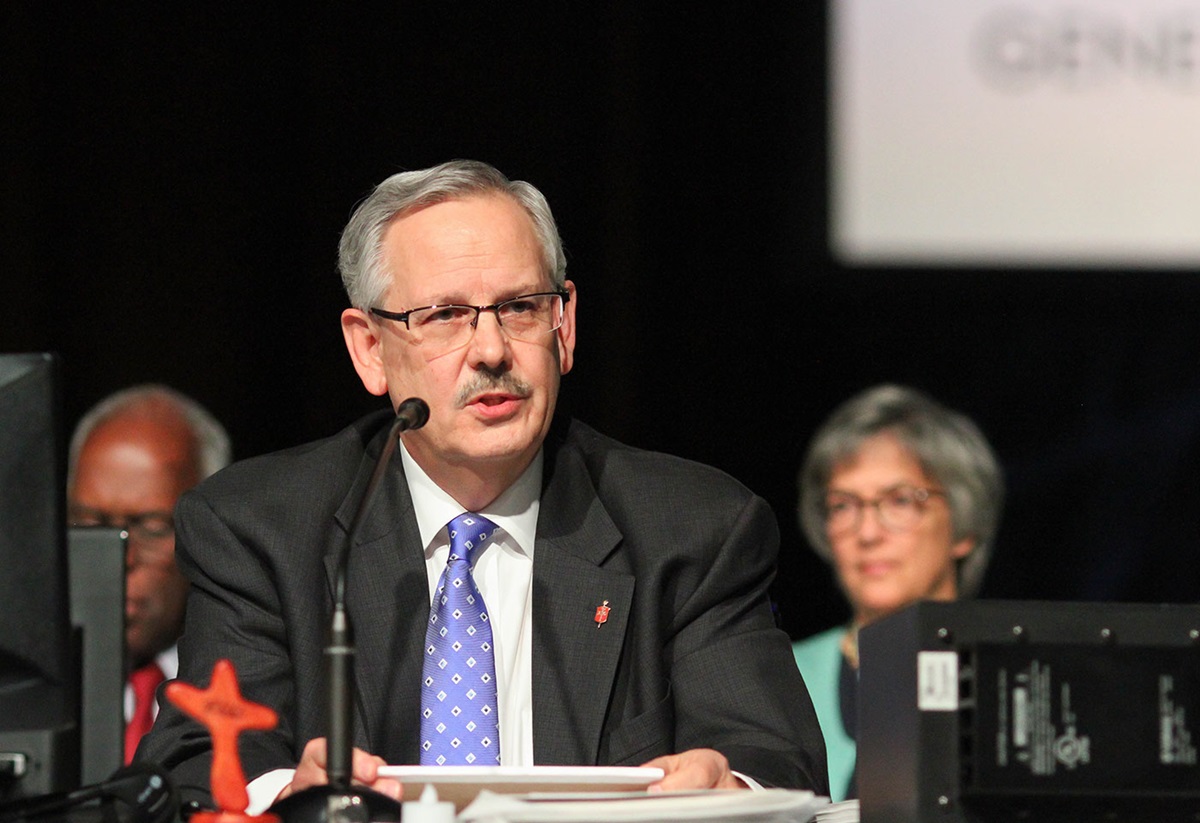Bishop Bruce R. Ough, Dakotas-Minnesota Episcopal Area, presides over the May 19 afternoon session of the 2016 United Methodist General Church in Portland, Ore. Photo by Maile Bradfield, UMNS.