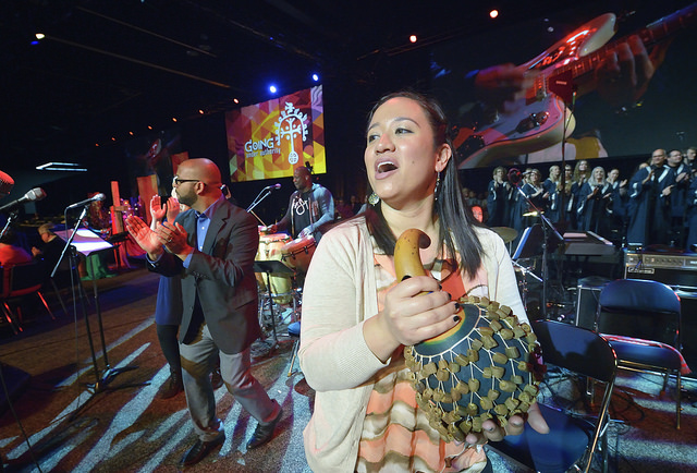 Musicians lead singing on May 12 during morning worship at the United Methodist General Conference in Portland, Ore. Photo by Paul Jeffrey, UMNS.