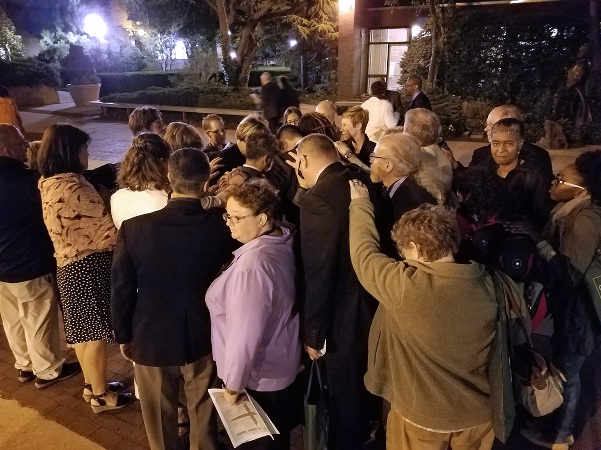 Methodists in New Directions celebrated the vote affirming openly LGBTQ candidates with an impromptu worship, which culminated in a laying-on of hands for the four candidates.