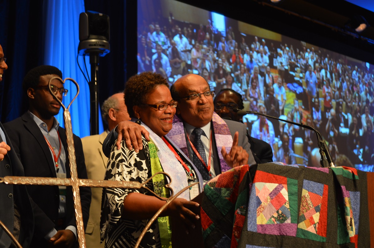 The Rev. LaTrelle Miller Easterling of the New England Conference stands with Bishop Sudarshana Devadhar after she was elected bishop by the Northeastern Jurisdictional Conference. Photo by Beth DiCocco, New England Conference.

