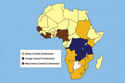Map shows the borders of three central conferences in sub-Saharan Africa. The Africa Central Conference, in gold, proposes splitting itself into four. Map by Cindy Caldwell, United Methodist Communications; edited from original.