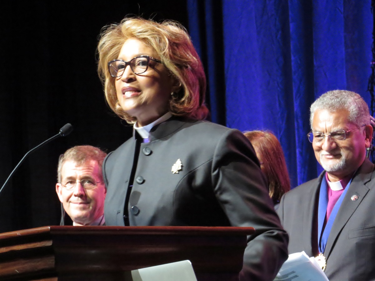 Bishop Vashti Murphy McKenzie of the African Methodist Episcopal Church offers greetings at the Aug. 31 opening worship service of the World United Methodist Conference. She stands with United Methodist Bishop Scott Jones and Bishop Ivan Abrahams, top executive of the World Methodist Council. Photo by Sam Hodges, UMNS