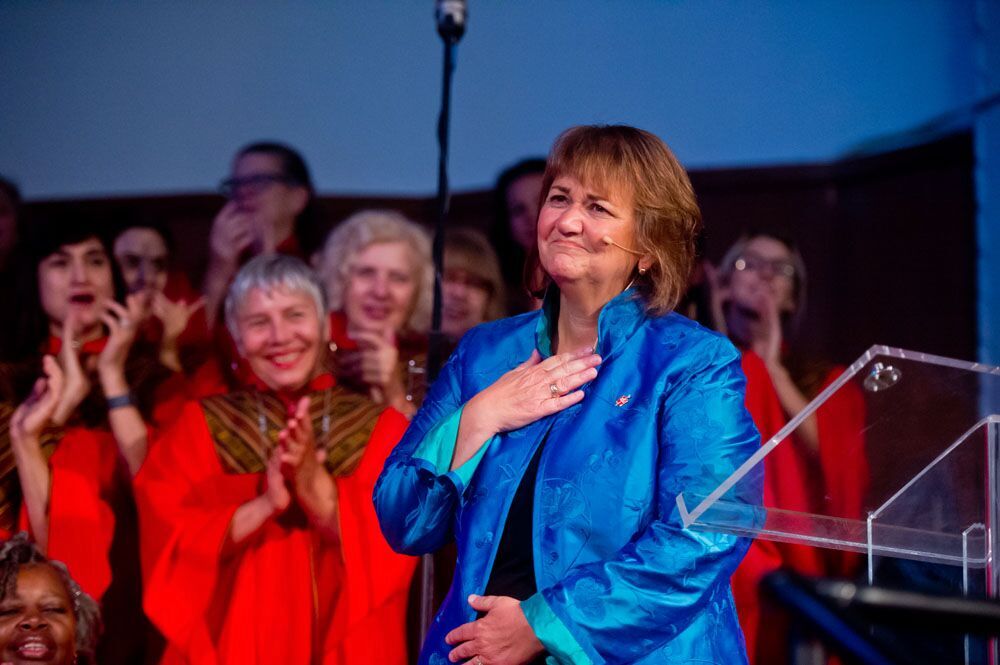 Bishop Karen Oliveto says goodbye to her Glide Memorial United Methodist Church family after eight years as their pastor on Aug. 14. She was elected bishop by the Western Jurisdiction in July and is appointed to the Mountain Sky Area. Photo by Alain McLaughlin Photography Inc.