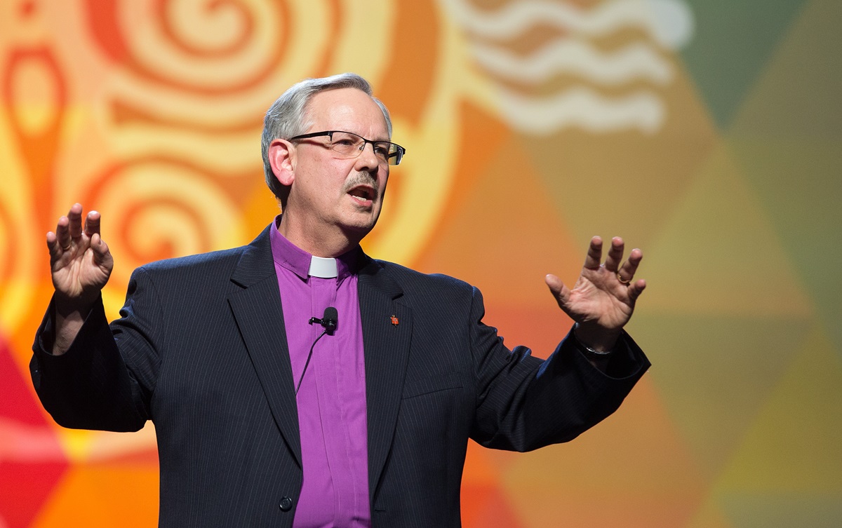 Bishop Bruce R. Ough gives the message during closing worship at the 2016 United Methodist General Conference in Portland, Ore. Delegates had earlier voted that the bishops should appoint a commission to look at church teachings on homosexuality. Photo by Mike DuBose, UMNS.

