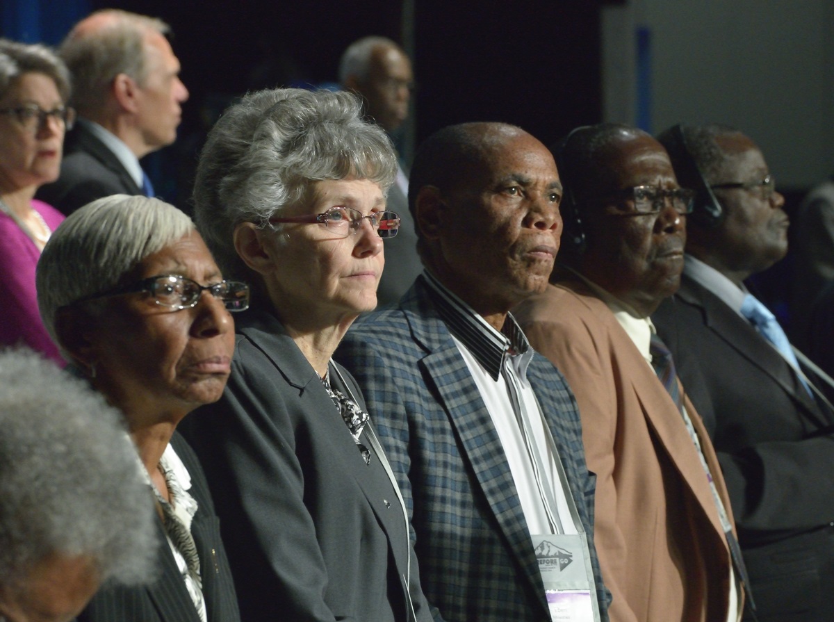 Members of the Council of Bishops listen as Bishop Bruce R. Ough reads a statement about sexuality and the church from the Council at the 2016 United Methodist General Conference in Portland, Ore. The Council of Bishops has called a special General Conference on Feb. 23-26, 2019 to take up bishops’ proposals related to church unity and homosexuality. File photo by Paul Jeffrey, UMNS.