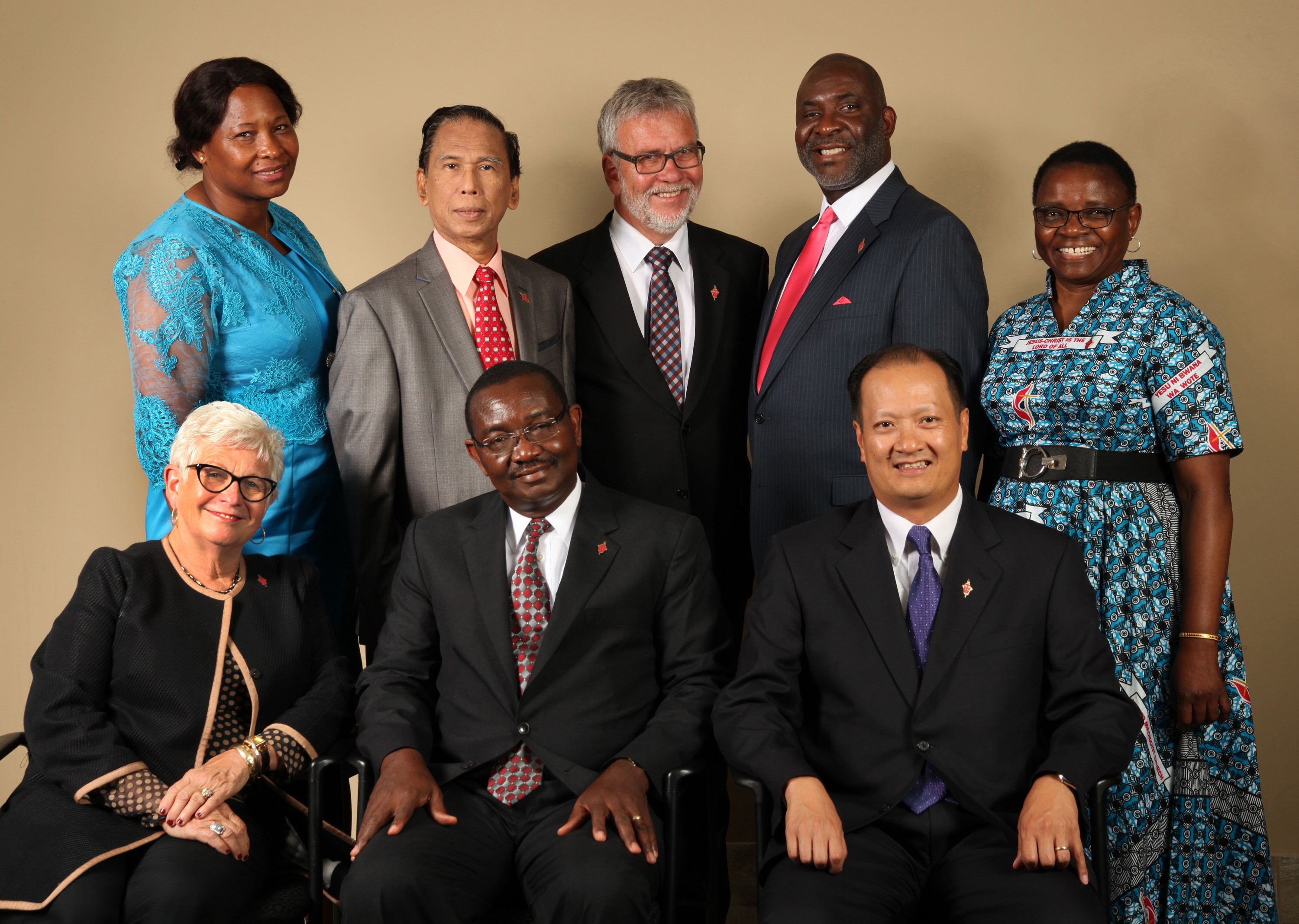 Members of the 2016-2020 Judicial Council. (From left) Front row: Deanell Reece Tacha, N. Oswald Tweh Sr., the Rev. Luan-Vu Tran. Back row: Lydia Romão Gulele, Ruben T. Reyes, the Rev. Øyvind Helliesen, the Rev. Dennis Blackwell, and the Rev. J. Kabamba Kiboko. (Not pictured, Beth Capen)  Photo by Kathleen Barry, United Methodist Communications