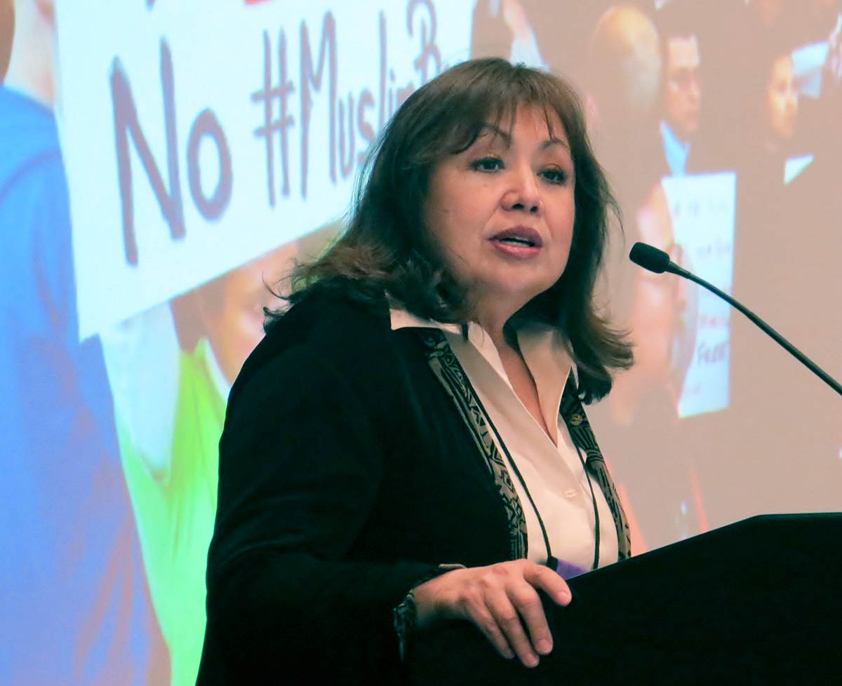 Bishop Minerva Carcaño speaks to the Council of Bishops on May 4 in Dallas, urging support for immigration initiatives. Photo by Sam Hodges, UMNS