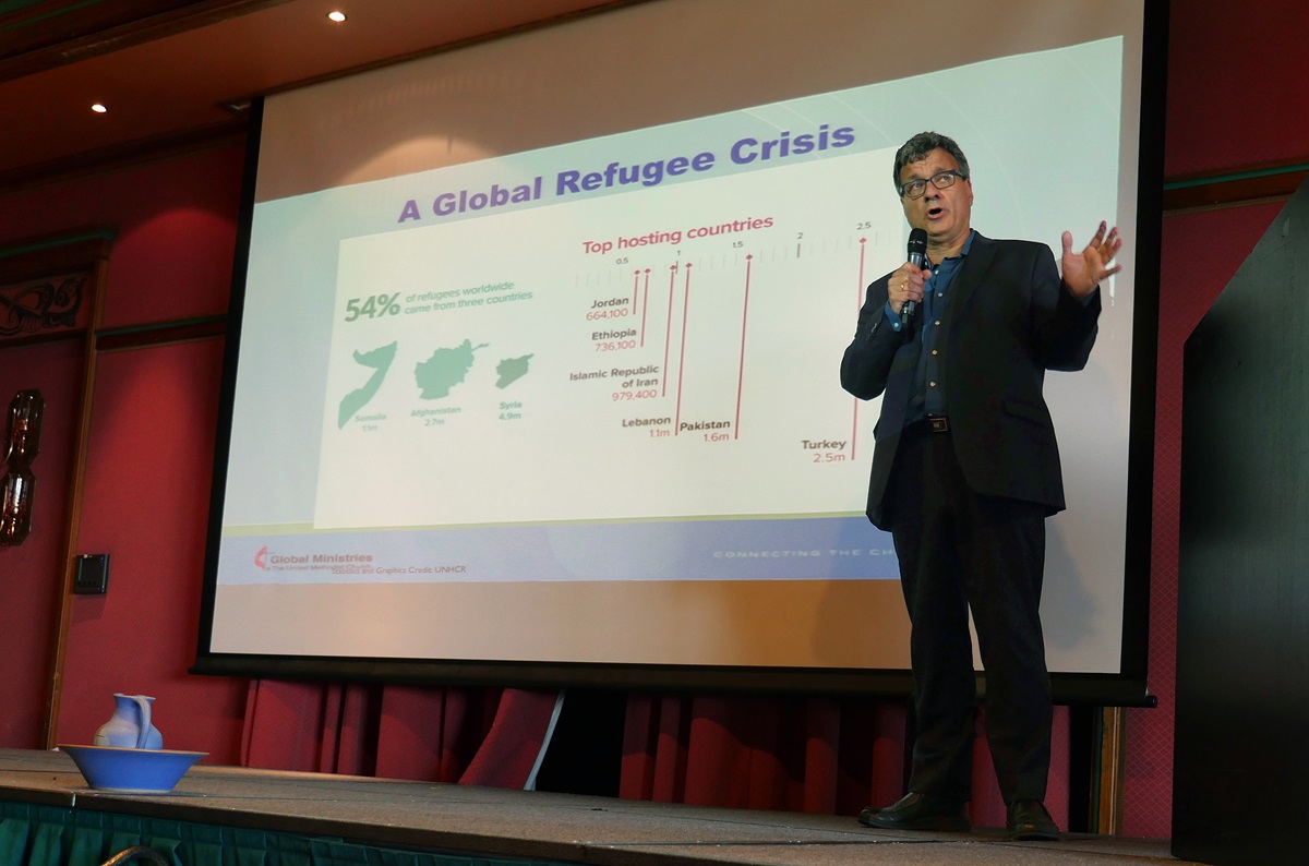 Thomas Kemper, the top executive of the United Methodist Board of Global Ministries, the denomination’s mission agency, talks about the global refugee crisis during a meeting of the Connectional Table in Oslo, Norway. On May 20, the Connectional Table designated $100,000 of the denomination’s contingency funds to help United Methodists stand with immigrants. Photo by Heather Hahn, UMNS.