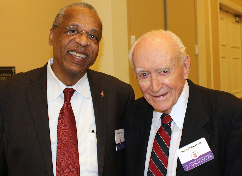Bishop John Wesley Hardt (right) stands with Bishop Robert Hayes at the 2014 Council of Bishops session in Oklahoma City. Photo by Holly McCray, the Oklahoma Conference.