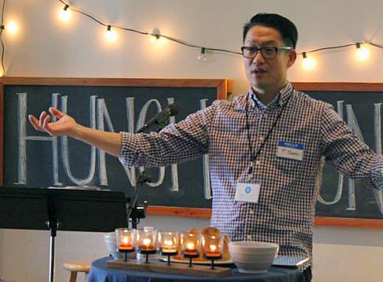 The Rev. Samuel S. Yun, lead pastor of Embrace Church in Oakland, California, officiates during worship services. Yun took particular inspiration from Habakkuk 2:2: “Write a vision, and make it plain upon a tablet so that a runner can read it.” Photo courtesy of Embrace Church.