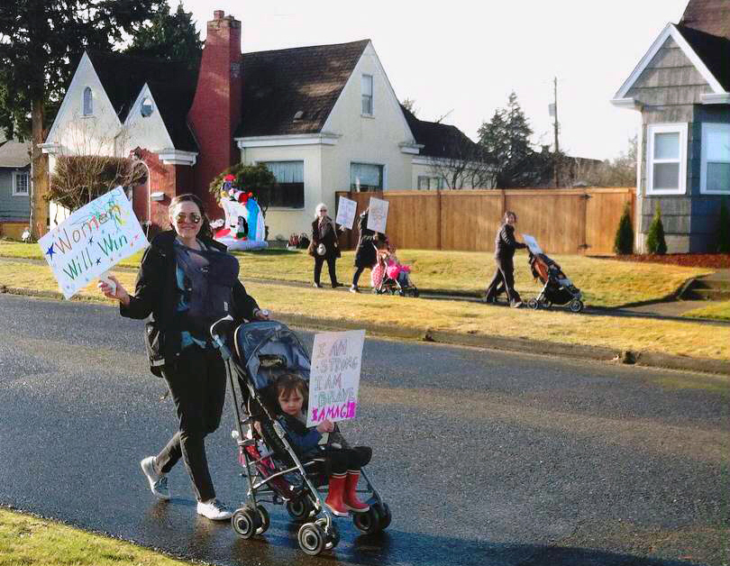 Women from ConnexíonTacoma, a new faith community in Tacoma, Washington, led by the Rev. Abigail Vizcarra Perez, decided to have a mini-march in their neighborhood for International Women’s Day on March 8. Photo courtesy of ConnexíonTacoma.  