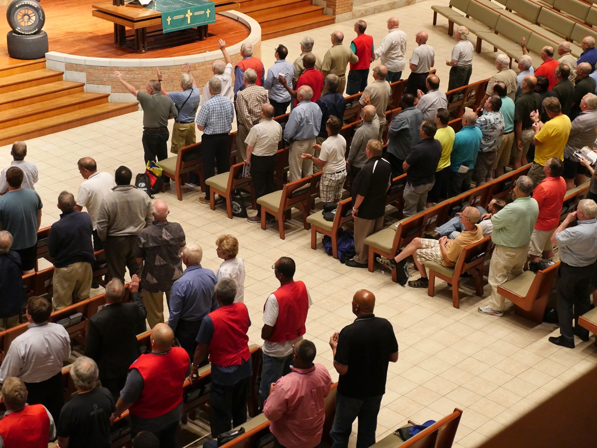 United Methodist Men join in worship during the group's 12th National Gathering, at St. Luke's United Methodist Church in Indianapolis. More than 620 men from across the United States registered for the event. Photo by Heather Hahn, UMNS.
