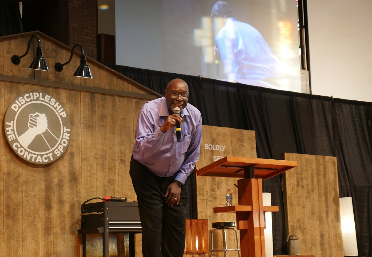 Bishop James Swanson Sr., president of United Methodist Men, preaches on God's call to discipleship at the opening service of the United Methodist Men's National Gathering at St. Luke's United Methodist Church in Indianapolis. Photo by Heather Hahn, UMNS.