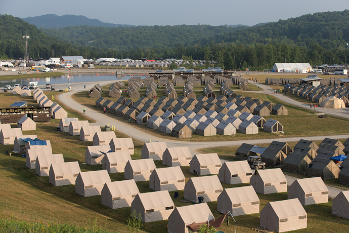 Rows of tents house Boy Scouts, staff and volunteers at the 2017 National Scout Jamboree at the Summit Bechtel Reserve in Glen Jean, W.Va. Photo by Mike DuBose, UMNS.