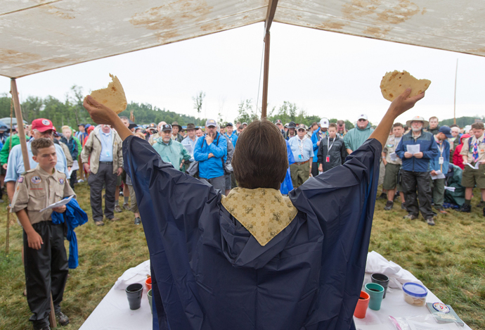 United Methodist Bishop Sandra Steiner Ball (front) presides over a service of Holy Communion during the 2017 National Scout Jamboree at the Summit Bechtel Reserve in Glen Jean, W.Va. Behind her is the Rev. Tanya Edwards-Evans of the Mississippi Conference, who is serving as a chaplain at the jamboree. Photo by Mike DuBose, UMNS.