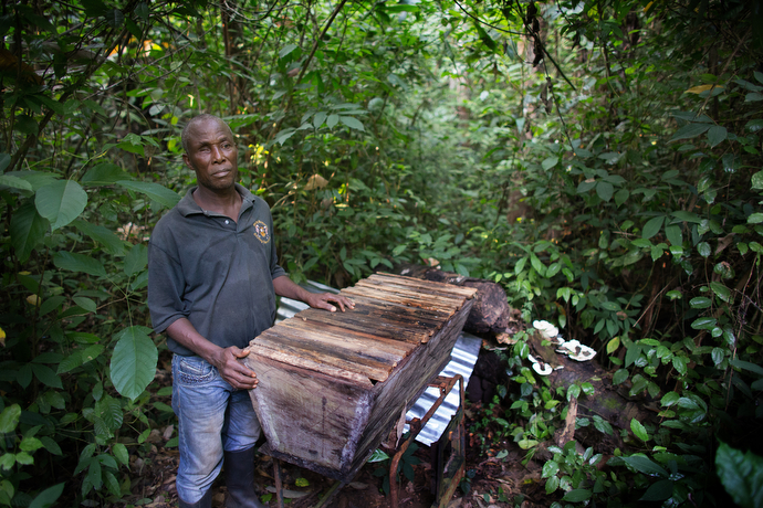 The Rev. Joe Gatei displays one of the beehives he keeps near Ganta, Liberia, to supplement his income as a pastor. Photo by Mike DuBose, UMNS.