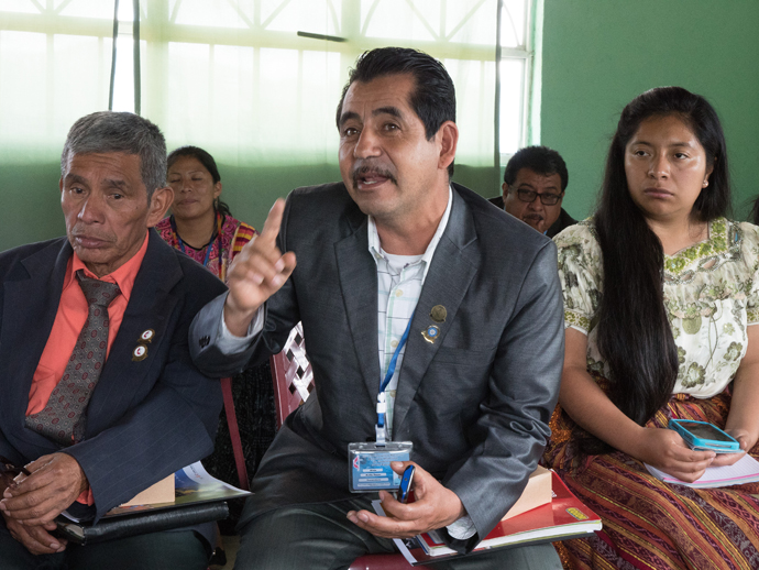 (From left, first row) The Rev. Ingrid Cac, Rev. Alejo Avila, and Ingrid Tixal, gathered at Iglesia Nacional Methodista Fuente De Vida, Guatemala, to speak to U.S. United Methodist bishops and church leaders about their ministry in Guatemala.  