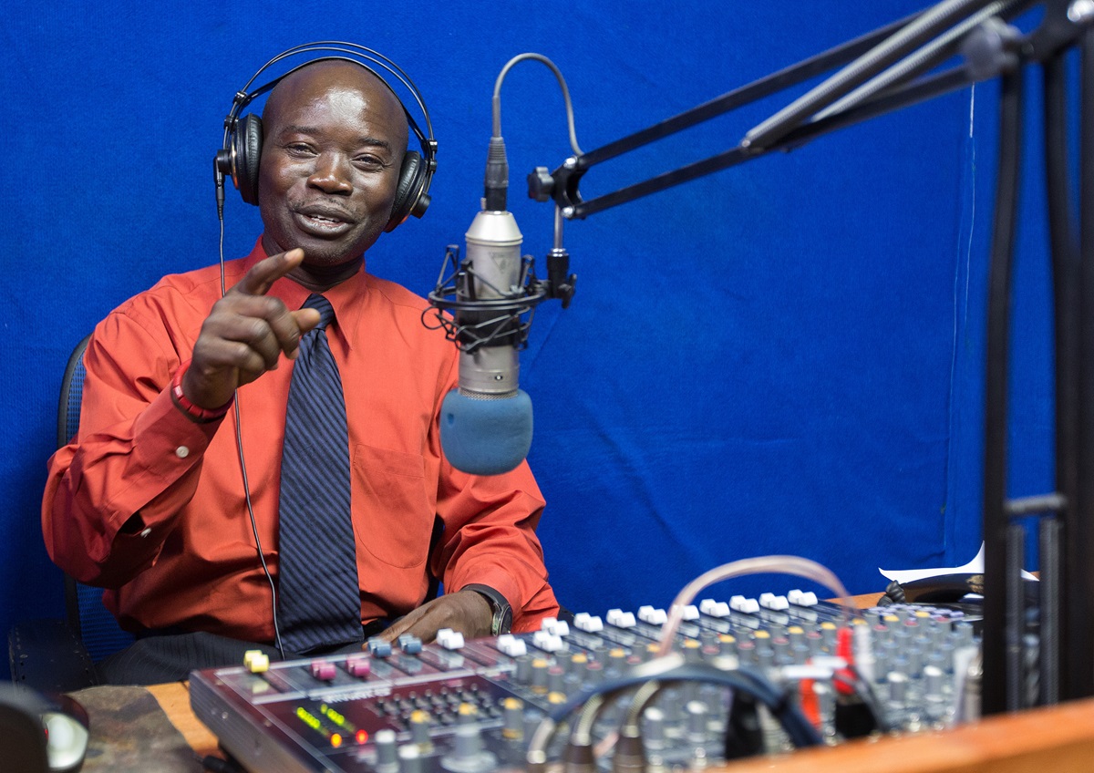 Edward L. Massaquoi broadcasts on ELUM, The United Methodist Church's radio station in Monrovia, Liberia. Photo by Mike DuBose, UMNS.