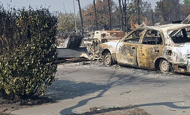 Another view of Senikau Momoka’s property after wildfires swept through California on Oct. 9. Momoka, who is a member of First United Methodist Church of Santa Rosa, took shelter at the church. Photo by Kelly Vaughn, courtesy of First United Methodist Church.