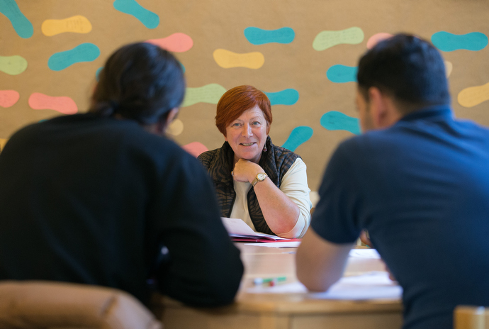 Uta Dauner Eisbrenner leads a German class for recent immigrants at the United Methodist Church of the Caller in Frankfurt, Germany. Photo by Mike DuBose, UMNS.