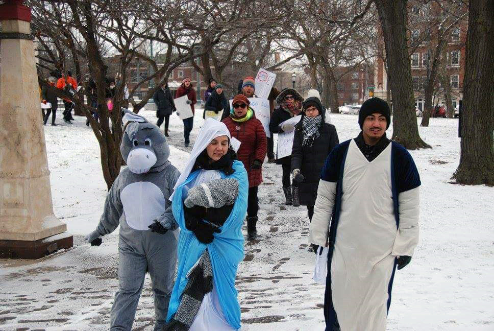 Members of Humboldt Park United Methodist Church in Chicago joined in an ecumenical Las Posadas procession. The re-enactment of Mary and Joseph’s search for safe lodging carries special resonance for at least one family at the church. Photo courtesy of the Rev. Paula Cripps-Vallejo.