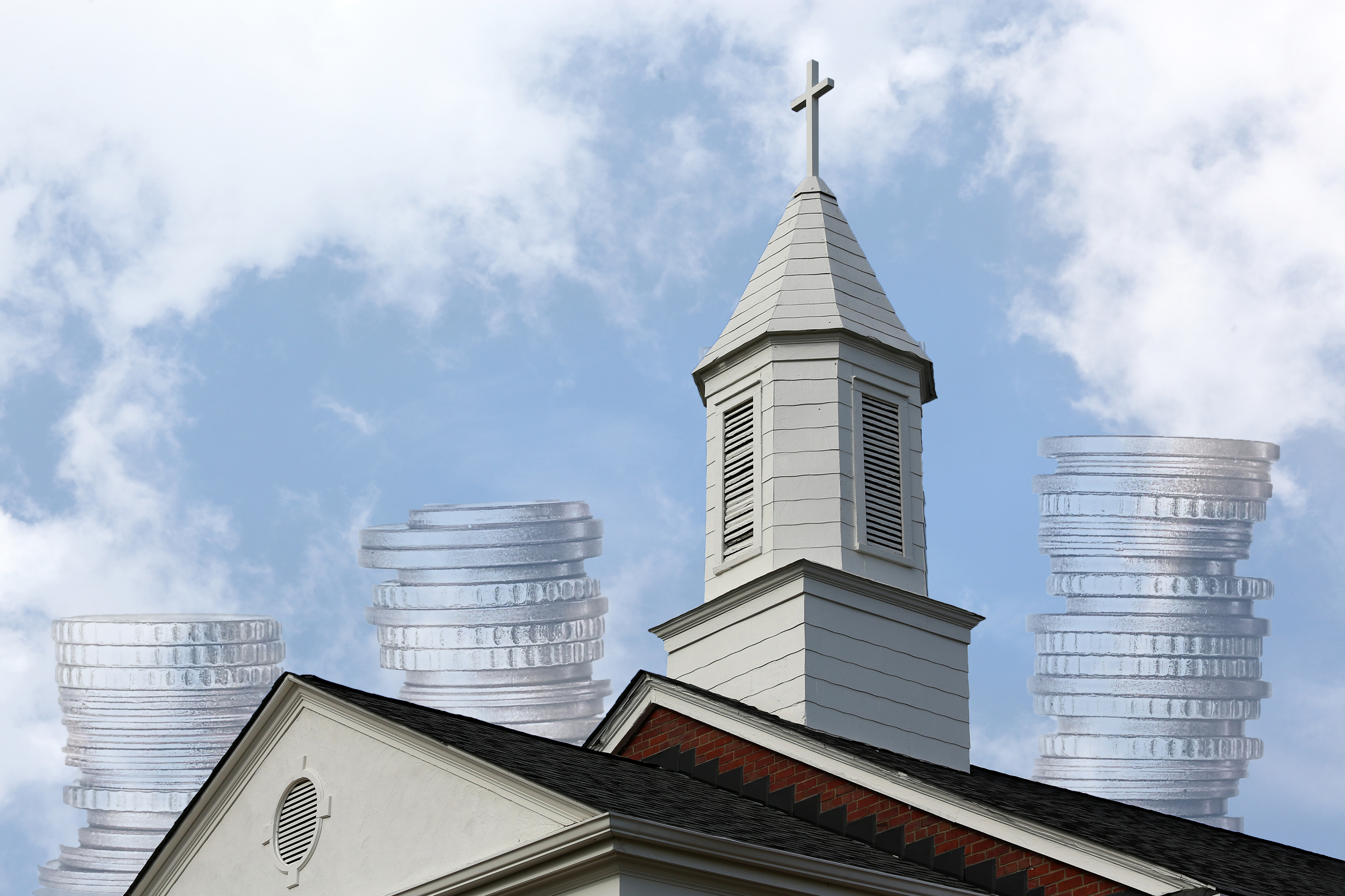 For four straight years, a record number of U.S. conferences have contributed to general church funds. Church: Steven Kyle Adair, clouds: Kathleen Barry, UMCom; coins: Kevin Schneider, courtesy of Pixabay; illustration: Laurens Glass, UMNS.