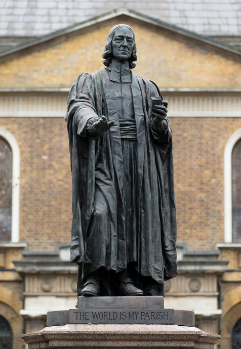 A statue of John Welsey, the founder of Methodism, looks out over the courtyard at Wesley's Chapel in London. The chapel, which considers itself the 