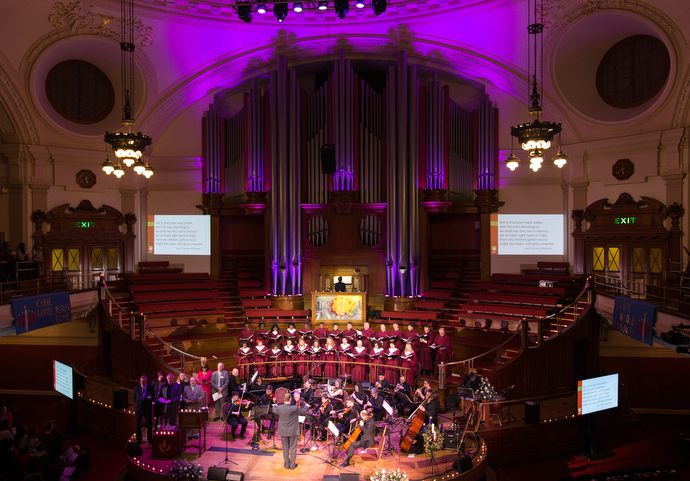 Methodist Central Hall, Westminster in London hosts a traditional carol service during Advent. The hall was built to mark the centenary of John Wesley's death and hosted the first meeting of the United Nations General Assembly in 1946.