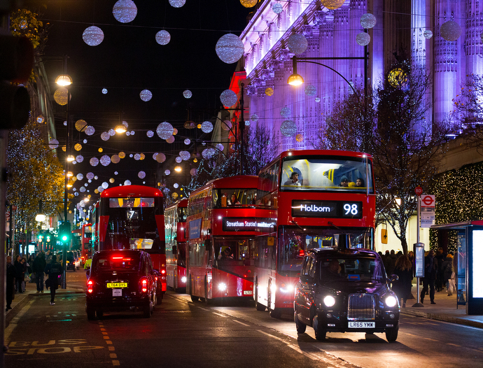 Christmas lights decorate the busy Oxford Street shopping area in the West End of London.