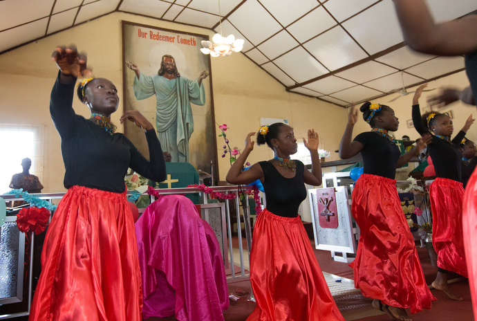Liturgical dancers help lead worship at Tubman Memorial United Methodist Church in Monrovia, Liberia, in 2017. File photo by Mike DuBose, UMNS.