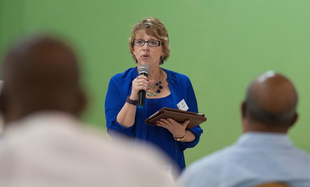 Judi Kenaston makes a presentation during a meeting of the United Methodist Standing Committee on Central Conference Matters in Abidjan, Côte d'Ivoire. Kenaston, a Connectional Table member from the West Virginia Conference, has been leading that group’s discussion about what a possible new U.S. church structure might look like. Photo by Mike DuBose, UMNS.
