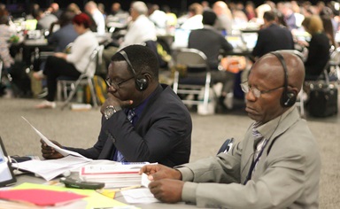 Delegates read the bishops' statement about sexuality and the church on May 18, 2016, at the United Methodist General Conference in Portland, Ore. Photo by Maile Bradfield, UMNS.